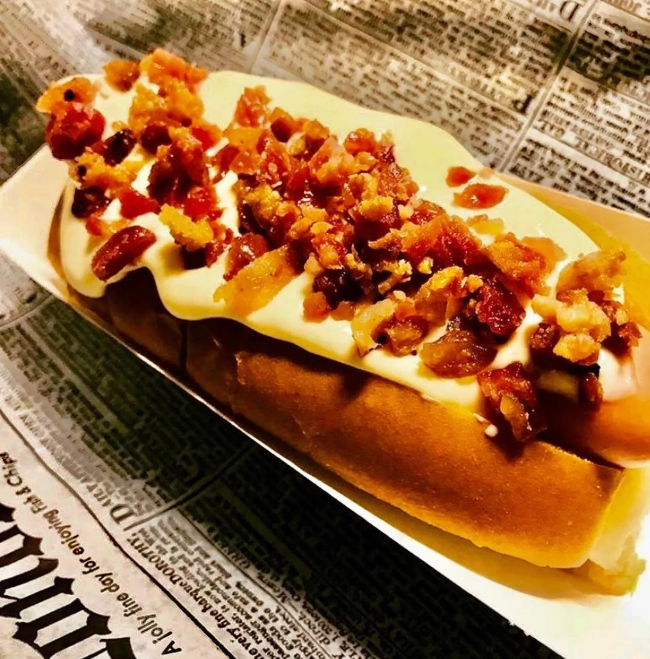 Loaded bacon and gouda hot dog