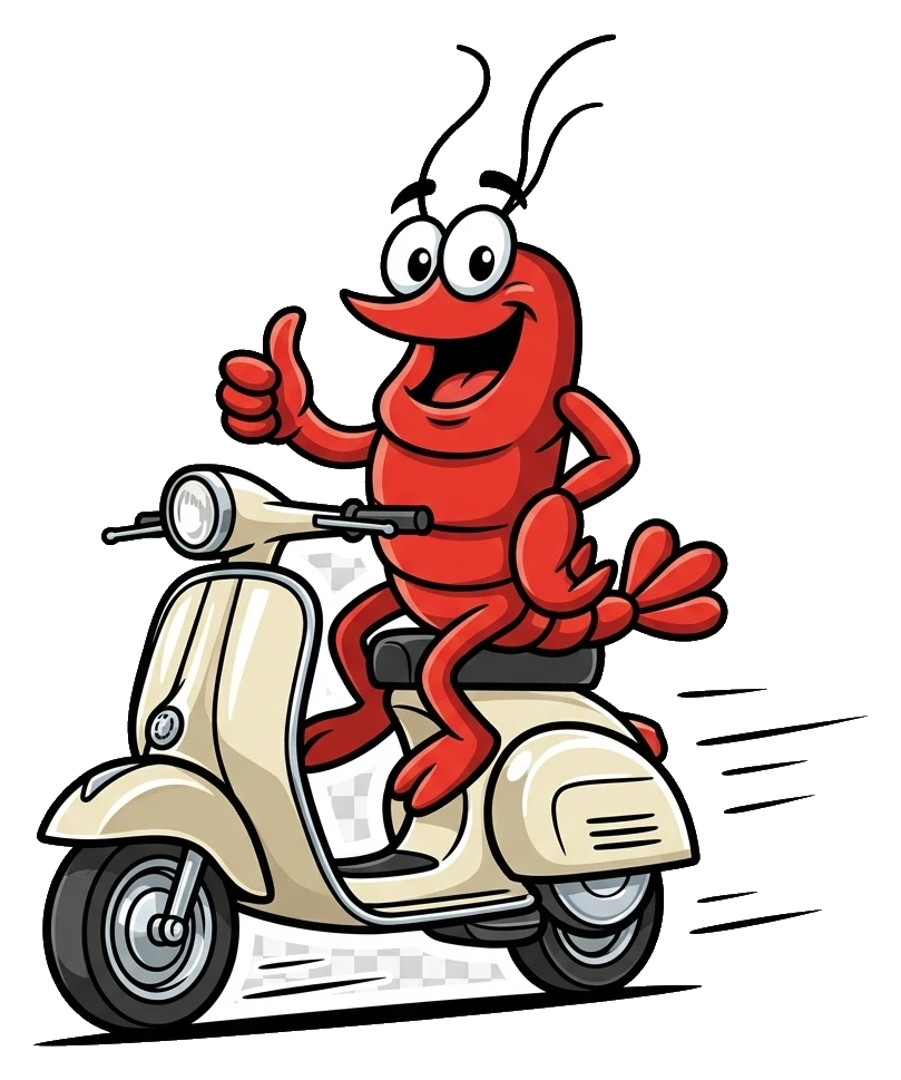 Dave's cartoon lobster mascot riding a scooter