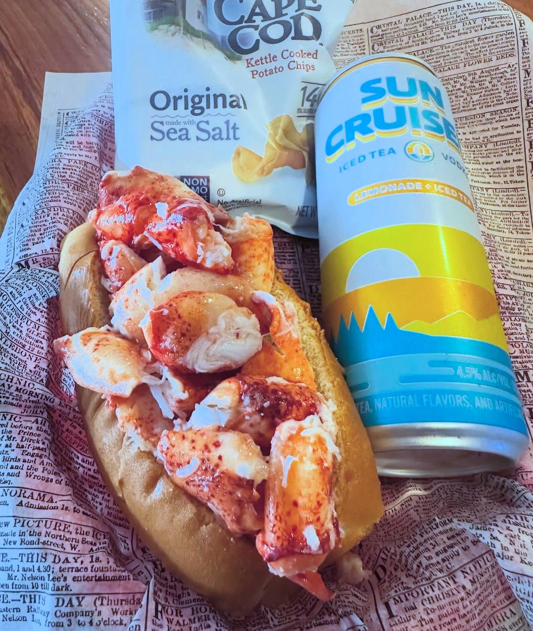 Dave's $20 lobster roll with Cape Cod chips and a Sun Cruiser iced tea