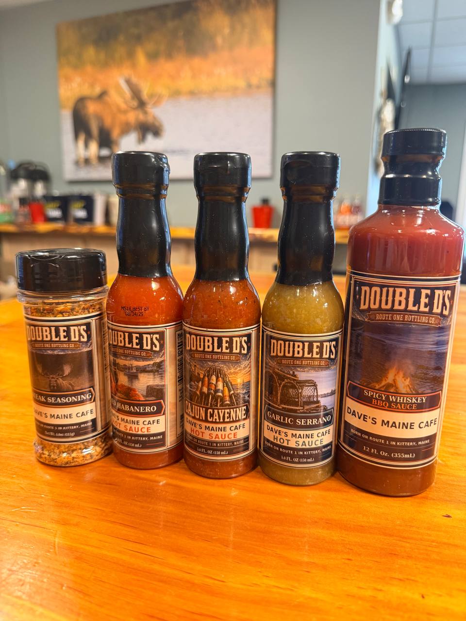 Dave’s Double D’s steak seasoning, three hot sauces and Spicy Whiskey BBQ sauce